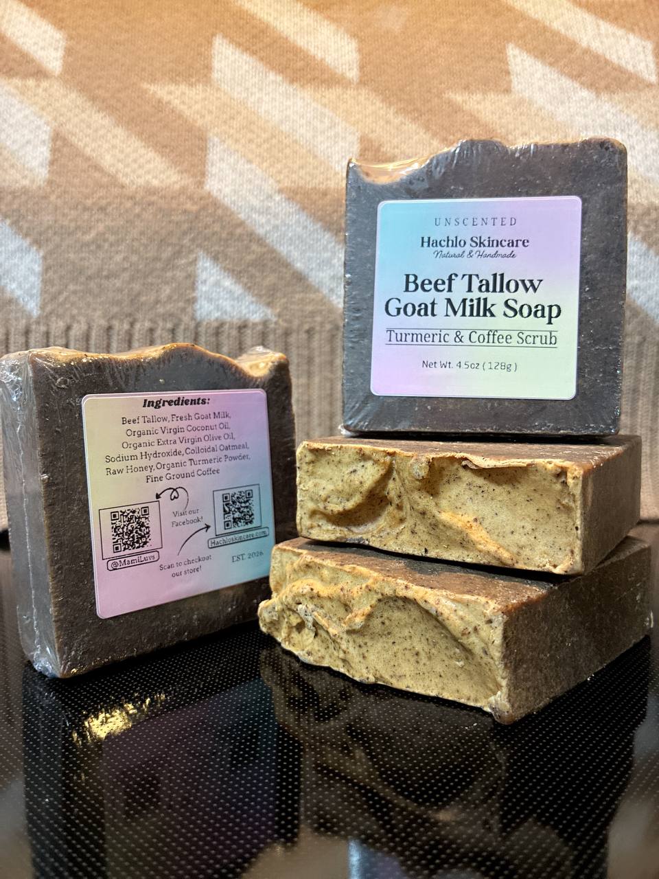 Unscented Turmeric & Coffee scrub Beef Tallow & Goat Milk Soap - with Colloidal Oatmeal and Honey⁠