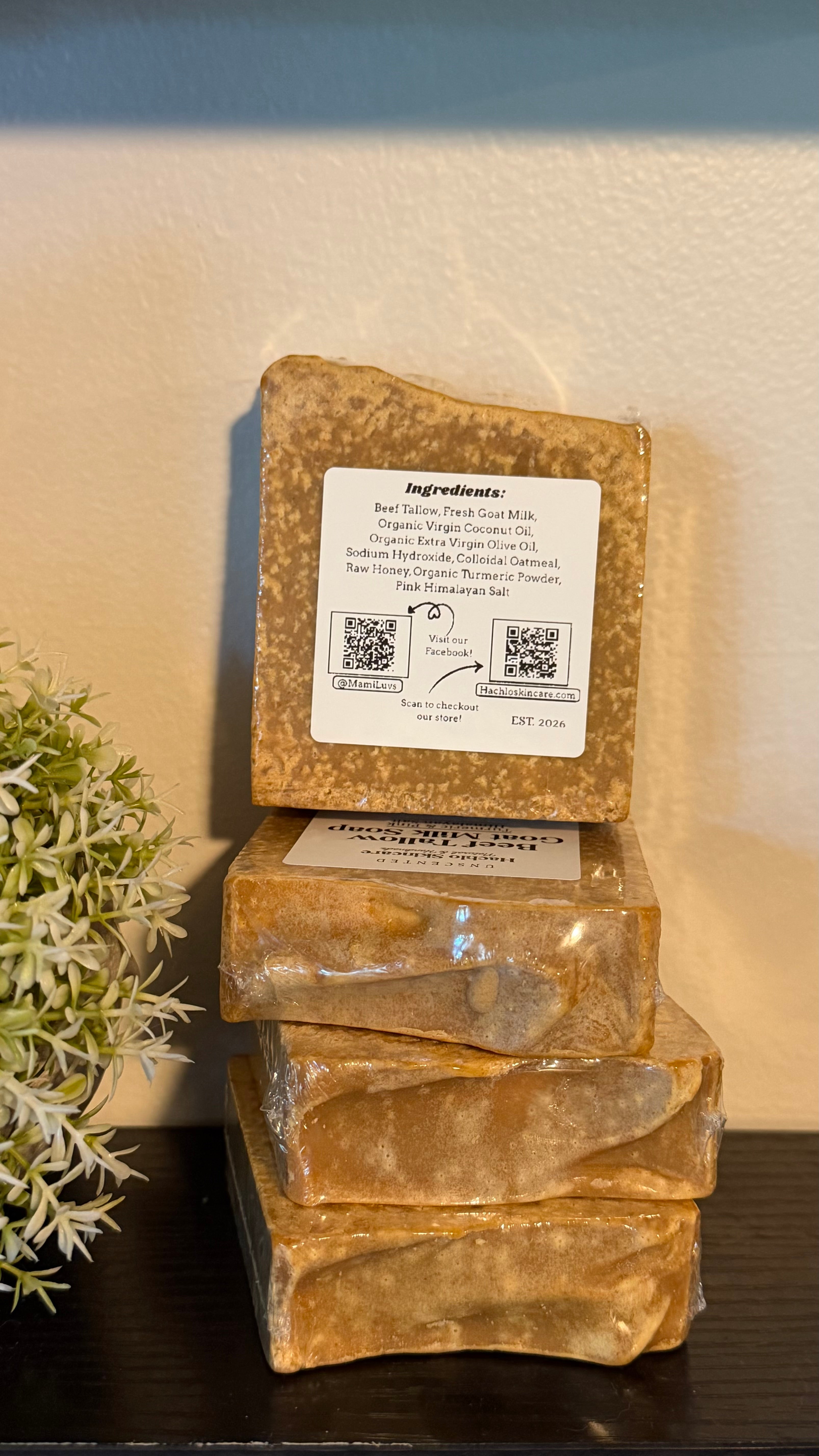 Unscented Turmeric & Pink Himalayan Salt Beef Tallow & Goat Milk Soap Bar - with Colloidal Oatmeal and Honey⁠