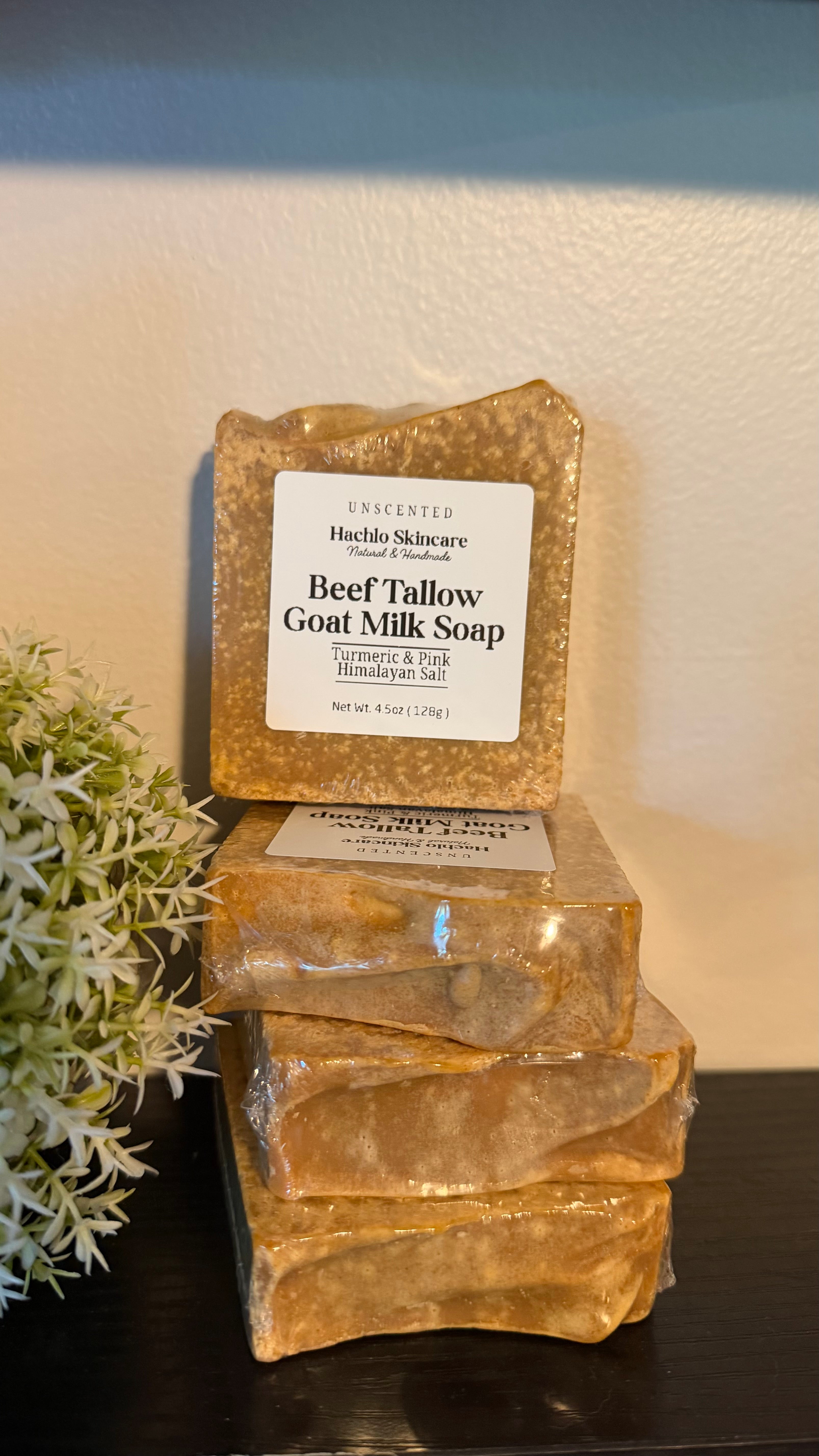 Unscented Turmeric & Pink Himalayan Salt Beef Tallow & Goat Milk Soap Bar - with Colloidal Oatmeal and Honey⁠