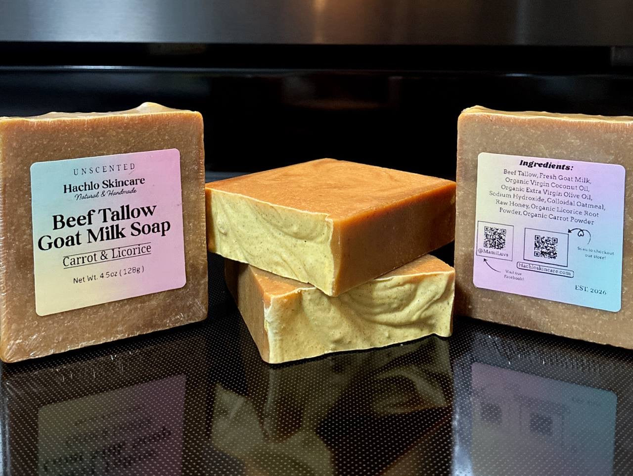 Unscented Carrot & Licorice Beef Tallow & Goat Milk Soap Bar - with Colloidal Oatmeal and Honey⁠