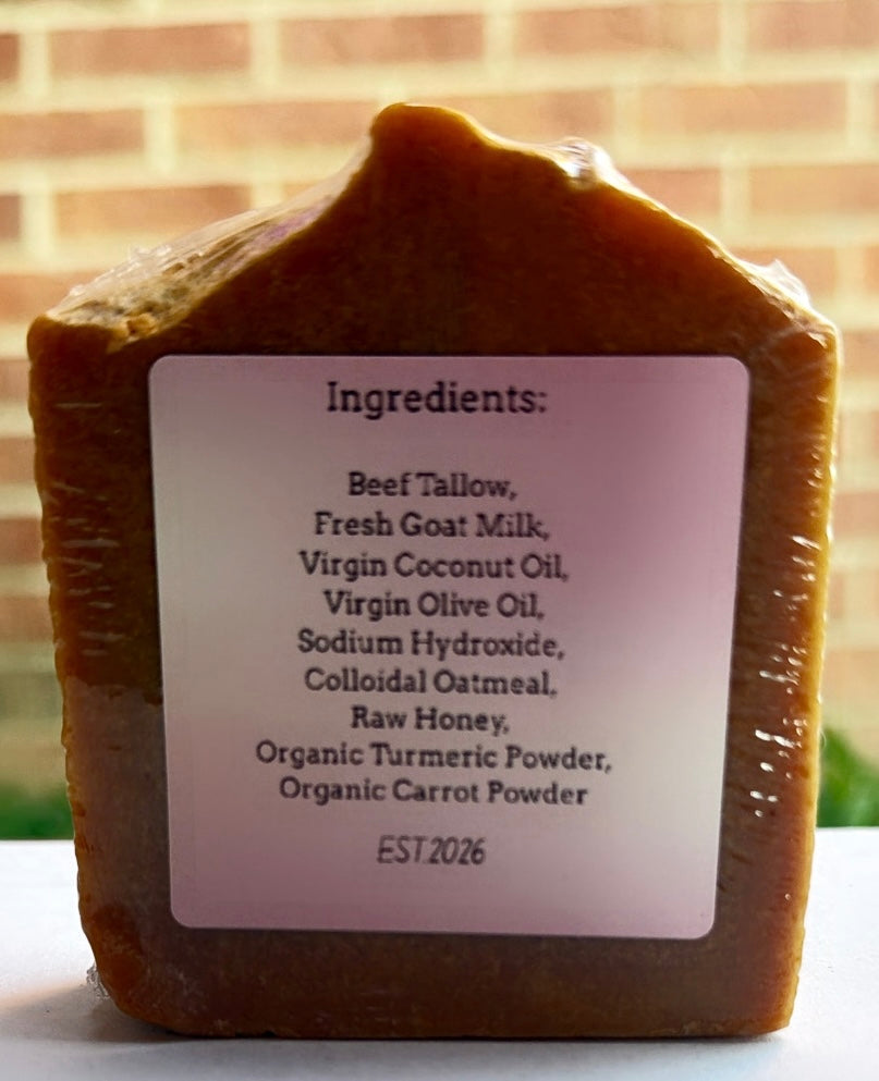 1 Bar Unscented Beef Tallow & Goat Milk Soap - Carrot & Turmeric with Colloidal Oatmeal and Honey⁠