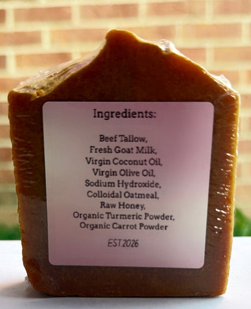 1 Bar Unscented Beef Tallow & Goat Milk Soap - Carrot & Turmeric with Colloidal Oatmeal and Honey⁠