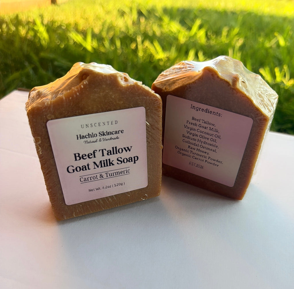 1 Bar Unscented Beef Tallow & Goat Milk Soap - Carrot & Turmeric with Colloidal Oatmeal and Honey⁠